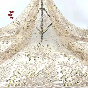 

Beige Sequined Lace Fabrics High Quality African Nigerian Tulle Lace Fabric For Wedding Tulle Lace Fabrics With Sequins 1777