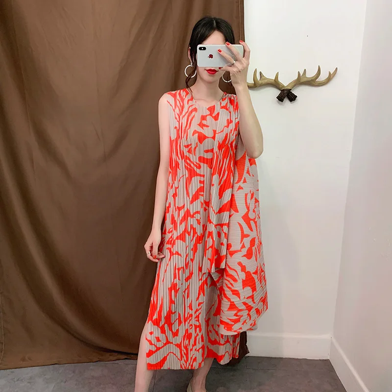 

[DEAT] 2019 New Pattern Autumn Trend Sleeveless Pleated Long Length Wild Print Vintage Loose Women's Dress AD026