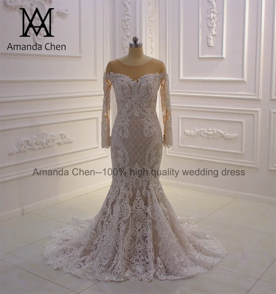 Robe de mariee courte свадебное платье русалки с длинным рукавом и кружевной аппликацией цвета шампанского