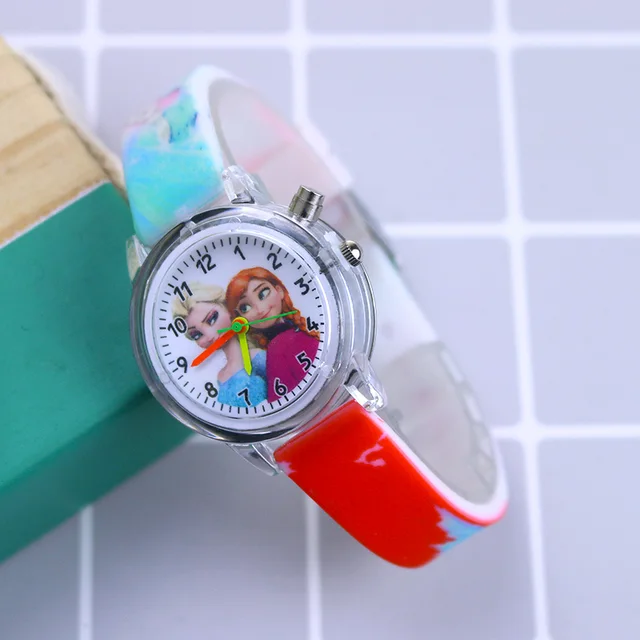 Disney Princess Elsa Kids Watches Girls Silicone Strap Cartoon Rabbit Dinosaur Light Children Wrist Watch Clock reloj infantil Girls Red