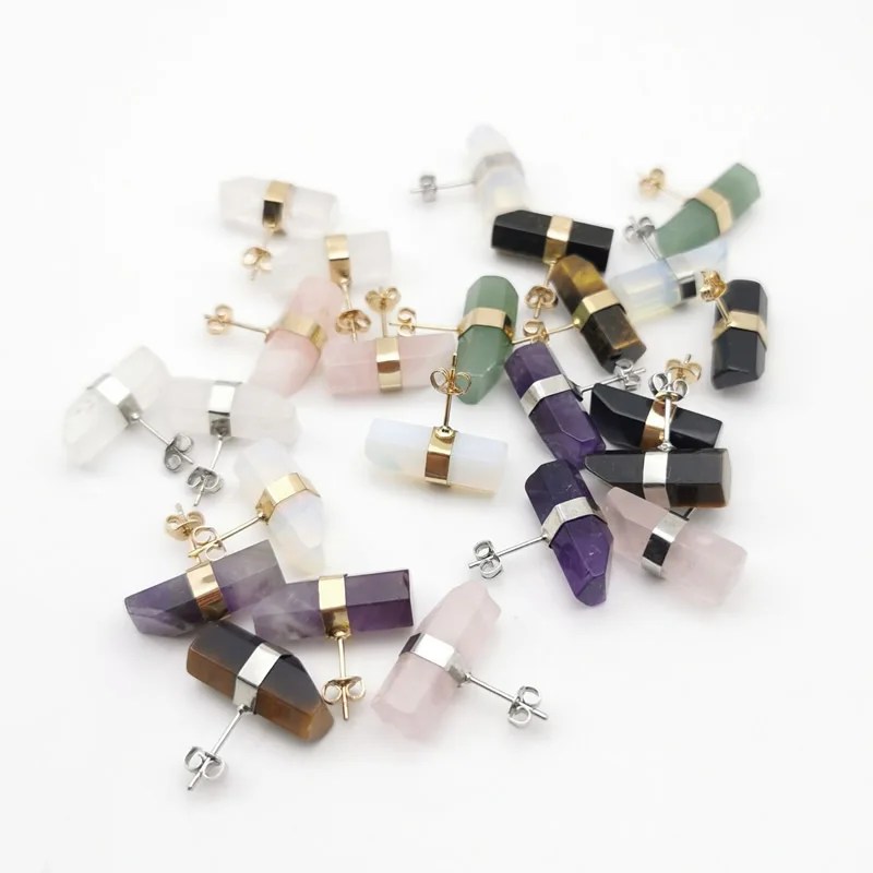 

Wholesale Natural Stone Stud Earrings Geometric Crystal Pillar Pink Quartz Earring for Women Healing Fashion Ear Jewellery Gifts