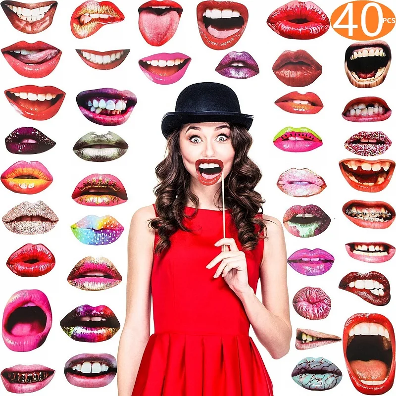 40pcs Lips Реквизит для фотобудки Вечерние Маски шляпа с усами губы реквизит для фотобудки украшения для свадебной вечеринки день рождения забавная фотобудка - Цвет: 40pcs Lips