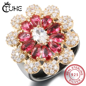 

S925 Sterling Silver Oversize Red Gold Flower Women Rings Comfortable Fit Healthy Ceramic Rings Size 6-12 Wedding Christmas Gift