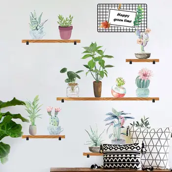 

3D Bonsai Rack Fresh Green Leaves Wall Sticker Potted Plant Home Decor Wallpaper Poster Art Living Room Background Wall Decals