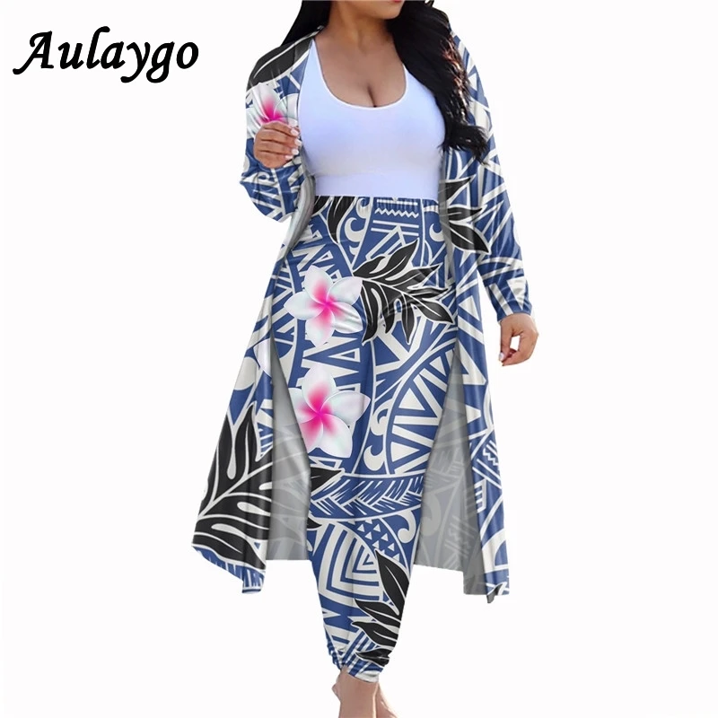 

Cardigan Elastic Pants Suit For Lady Hawaiian Plumeria Polyensian Two Piece Outfits Coat And Leggings Bodycon Elastic Outfits