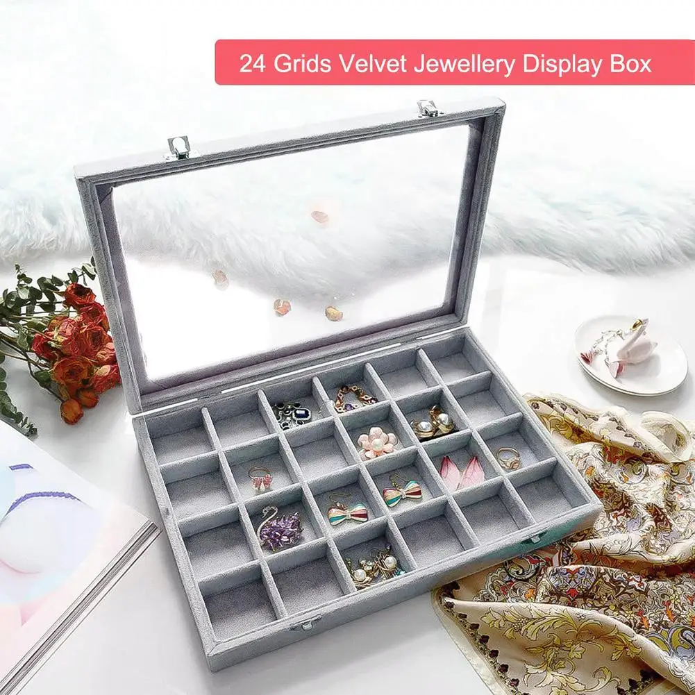 

24 Grids Velvet Ring Bracelet Display Organizer Case Holder Jewelry Storage Box New