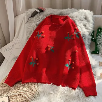 

embroidery women knitted sweaters and pullovers flare sleeved loose thicken lady elegant pulls outwear coat tops