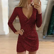  Fall Winter Long Sleeve Party Dress Women's Sexy Silver Sequined Dress Deep V Neck Sequined Mini Skinny Dress 