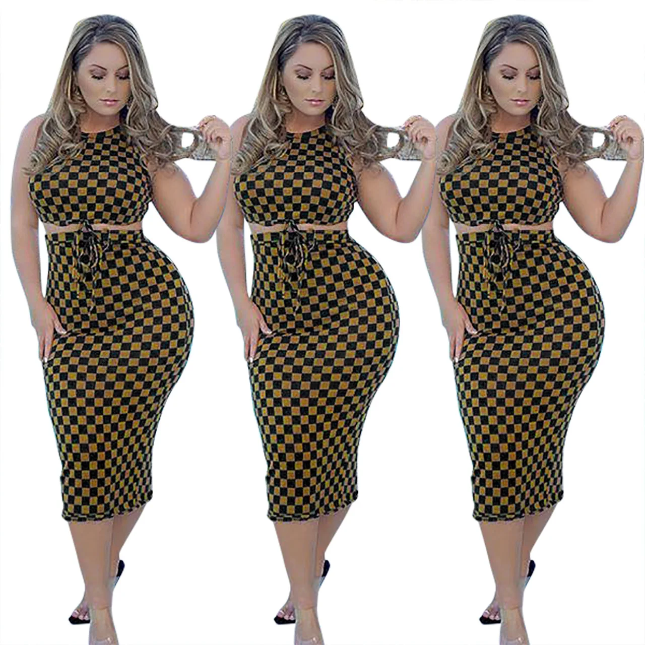 

2019 Europe and the United States new fashion temperament sleeveless simple checkered pattern set of two sets