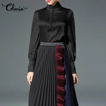 

Women Solid Blouses Celmia 2020 Ladies Long Lantern Sleeve Buttons Pleated Shirt Casual Tops Plus Size Elegant Work Blusas Mujer