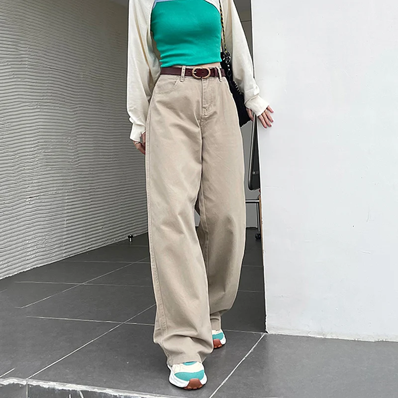 

Fashion Loose Khaki Jeans For Women High Waist Wide Leg Denim Pants Mom Jeans Washed Trousers Jean Femme