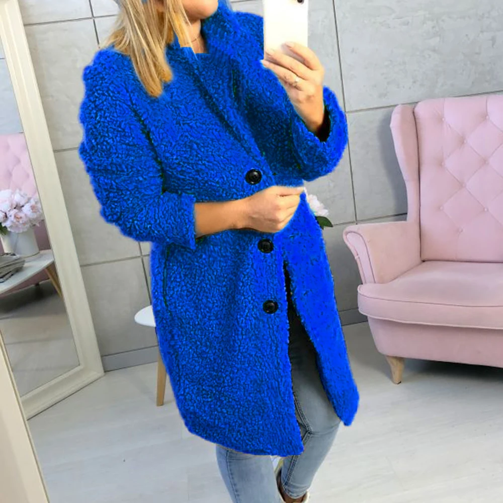 Новая женская модная куртка с отворотом и длинным рукавом, мягкая теплая осенне-зимняя женская однотонная Длинная Верхняя одежда на пуговицах - Цвет: blue