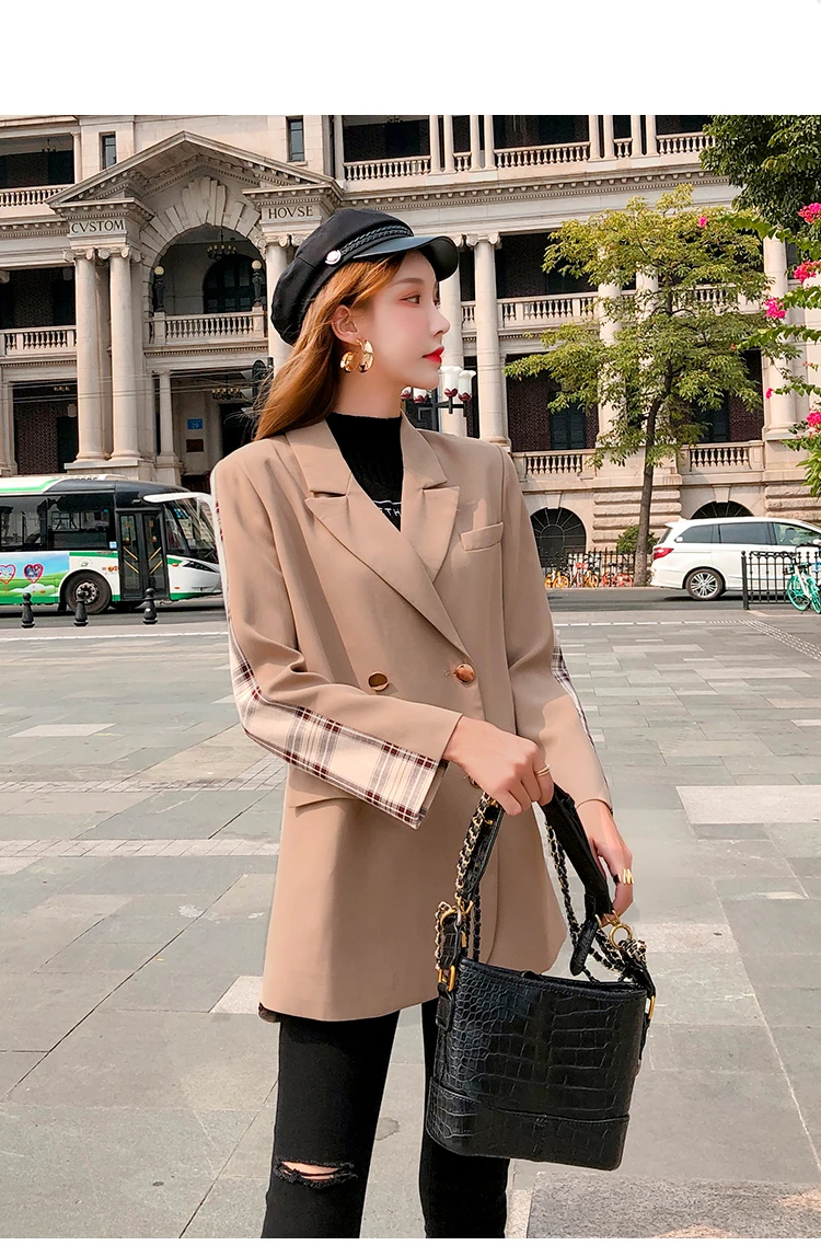 Blaser Femininas Ретро клетчатый двубортный Женский блейзер офисный женский пиджак Женский Повседневный свободный костюм пальто женская верхняя одежда