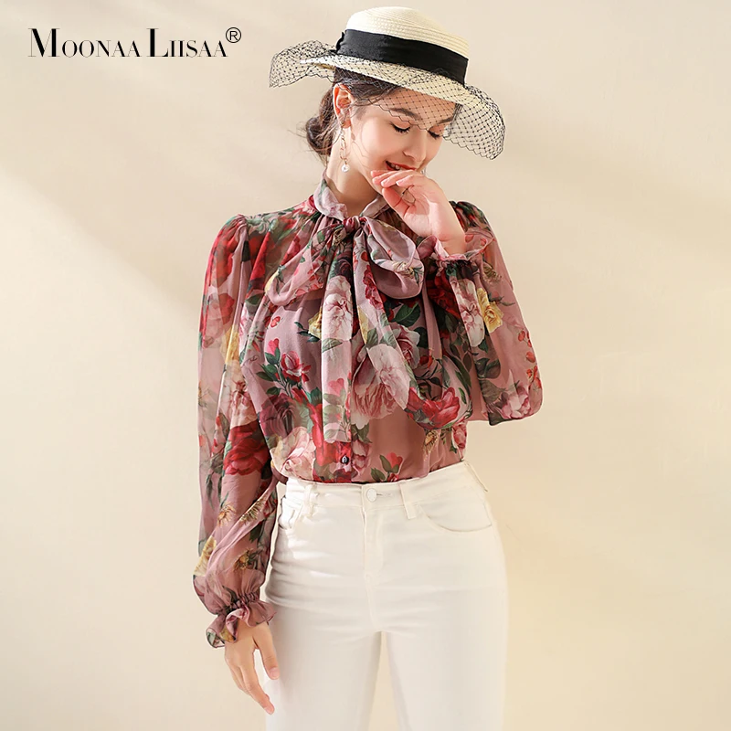 

Retro printed silk shirt female 2019 European and American fashion early autumn new temperament wild shirt loose tie silk shirt