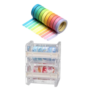 

10X Decorative Rainbow Sticky Paper Masking Adhesive Tape & 2 Pack Transparent Visible Desktop Tape Dispenser Beige