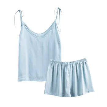 

Summer Ladies Sexy Lace Sling Imitation Silk Pajama Sets 2-piece Multi-color Optional Casual Home wear