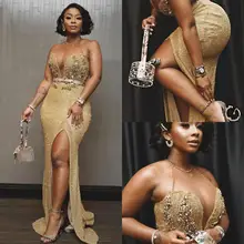 Сверкающее Золотое Платье русалки, сексуальные африканские вечерние платья, арабское платье для выпускного со стразами, высокий разрез, официальная одежда для вечеринки