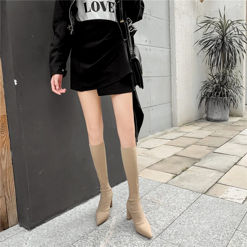 Роскошные женские носки сапоги до колена пикантная обувь на высоком каблуке 8 см короткие вязаные зимние теплые сапоги на низком каблуке