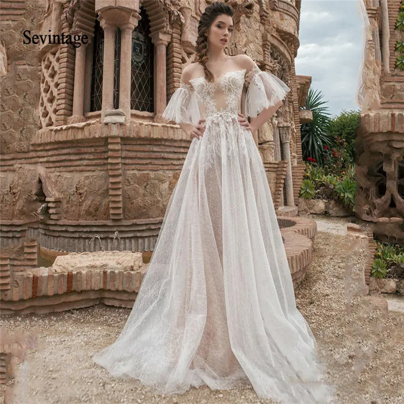 

Sevintage 2020 Flare Sleeve Boho Wedding Dresses Lace Appliqued Illusion Scoop Beach Bridal Gowns A Line Abiti Da Sposa