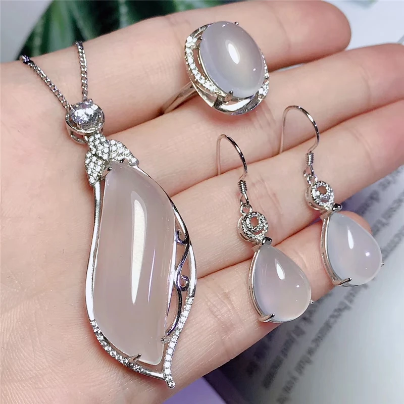 Jadery 925 пробы Серебряное ожерелье/серьги/кольцо Шарм натуральный белый халцедон нефрит ювелирные наборы для женщин драгоценный камень ювелирные изделия