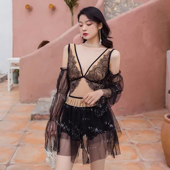 

Swim Suit Women Swimwear Push Up Swimsuit Woman One Piece swimsuits Black Sexy Lace V-neck Detachable Long Sleeve Bikini Set May