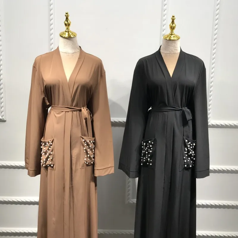 Жемчуг карман абайя, кафтан Robe Femme мусульманский кардиган платье Абая для женщин Восточный халат из марокена Ближнем Востоке Исламская Костюмы