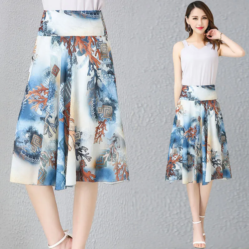 

2020 Summer New Style Printed Skirt Mid-length Big Hemline A- line Skirt Slim Fit Slimming Chiffon Skirt