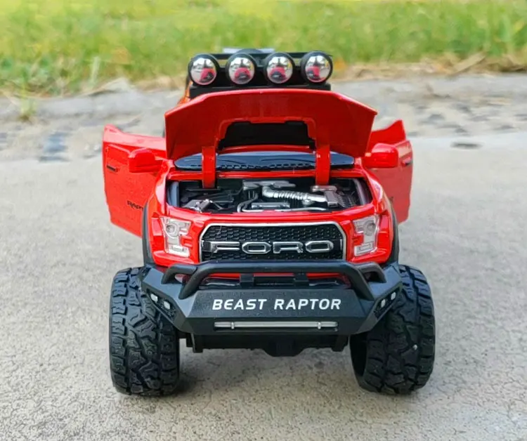 New 1:28 Ford Raptor F150 Alloy Diecast Car Model Toys Sound Light Toy Pickup Truck Pull Back Vehicle For Children