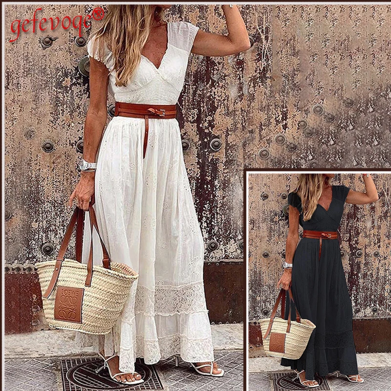 

Women's Clothing 2021 Summer Fashion V-neck Vintage Party Dress Female White Lace Elegant Maxi Dresses Casual Beach Long Dress