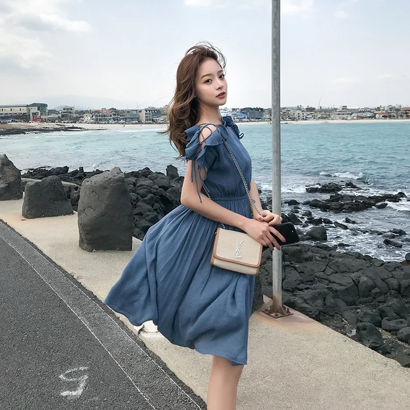 

2018 New Style off-Shoulder Dress Women's Summer Korean-style Mid-length Normcore Style Simple Waist Hugging off-Shoulder Flounc
