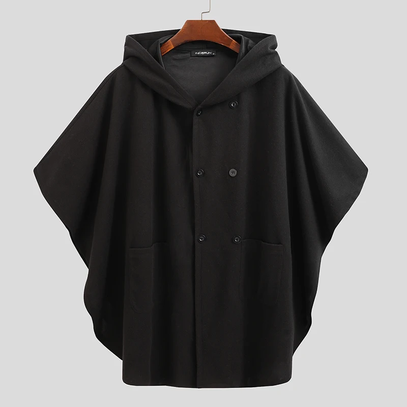 Obtenga esto INCERUN de invierno de la moda trinchera hombres de Color sólido de capa abrigos con capucha Poncho prendas de exterior Mens doble botonadura capas de abrigo S-5XL jYQOM6X0GRj