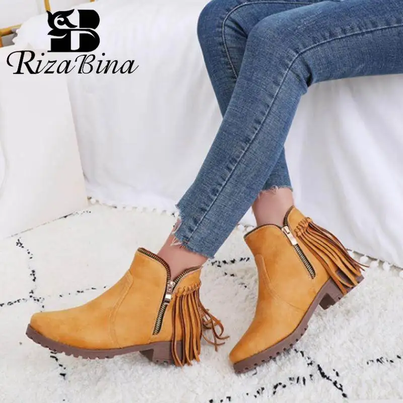 

RizaBina Plus Size 33-47 Ankle Boots For Women Fashion Zipper Fringes Winter Fur Warm Flats Short Boots Casual Women Shoes