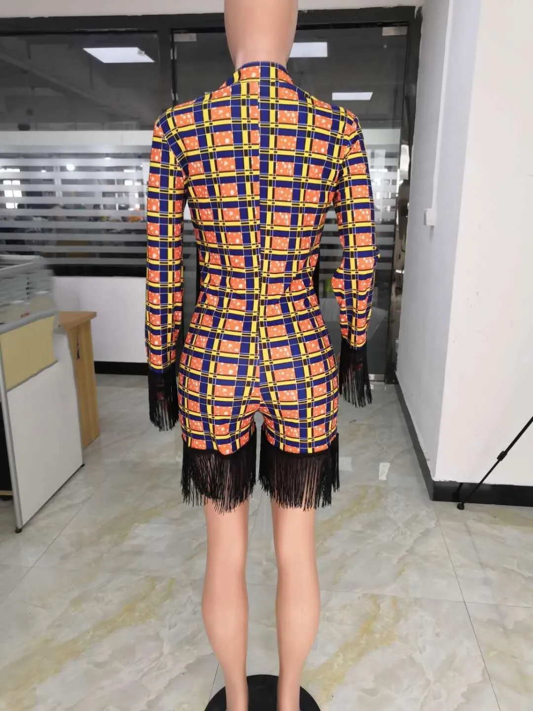 Autumn Women Sexy Tassel Bodycon Playsuit Casual Long Sleeve Plaid Jumpsuit Skinny Ladies Zipper Club Party Rompers