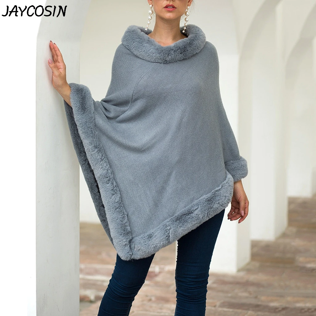 JAYCOSIN Women Sweaters Solid Color Crimped O-Neck Cloak Shawl Collar Sweater Tops Sweater Winter Fashionable Wrap Sweater Coat