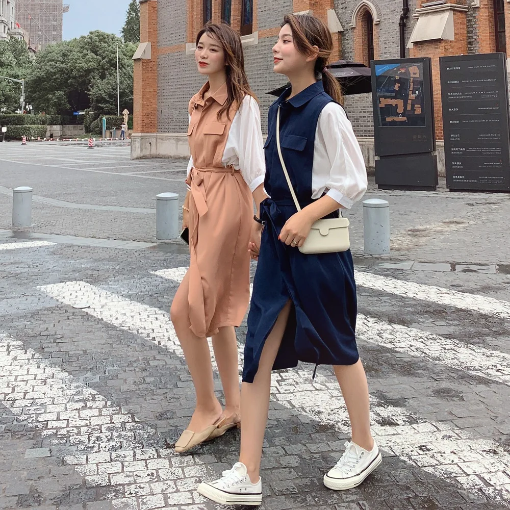 

Fashionable INS WOMEN'S Dress 2019 Summer New Style Retro CHIC New Style Slimming Joint Contrast Color Mock Two-Piece Dress