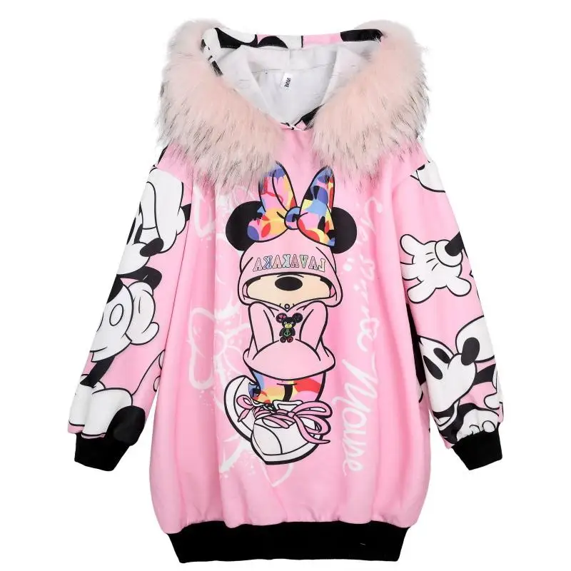Осень зима 2020 толстовки с меховым воротником и мультяшным принтом модные женские