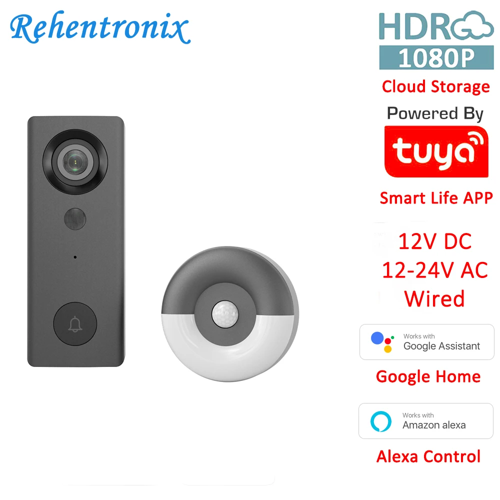 

Tuya Smart Life 1080P Full HD Wi-Fi Wireless Video Doorbell with Night Light Chime 12V DC 12-24V AC Wired Alexa Google Doorbell