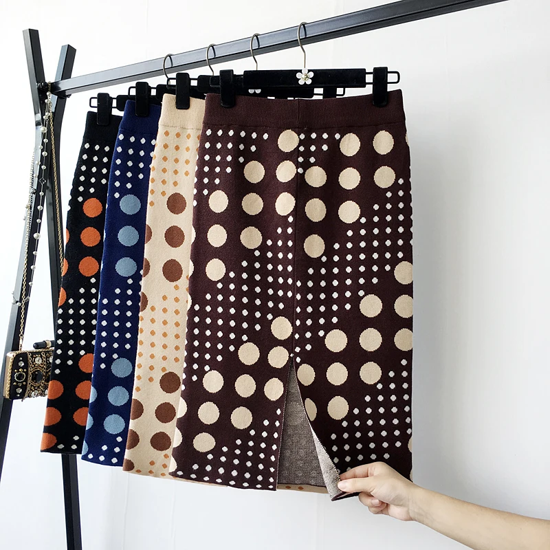 

Winter Ladies Knitted Skirt Fashion Knitted Slim Dot Pencil Mini Skirt Women Skirt Over Hip Sheath Skirt Above-knee Urban Skirt