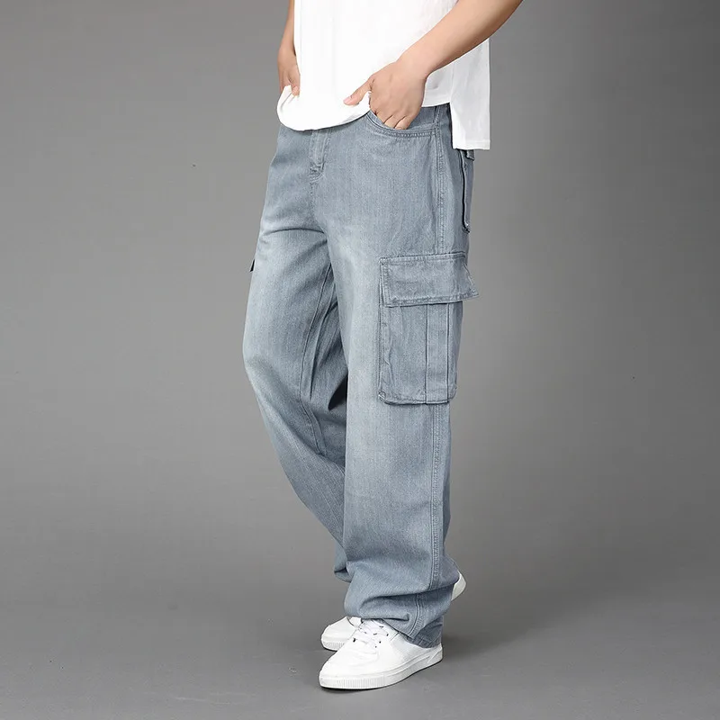 

Jeans Men Large Size Wide-leg Jeans Men's Loose Large Pockets Overalls Hip-Hop Straight Denim Trousers Jeans for Men