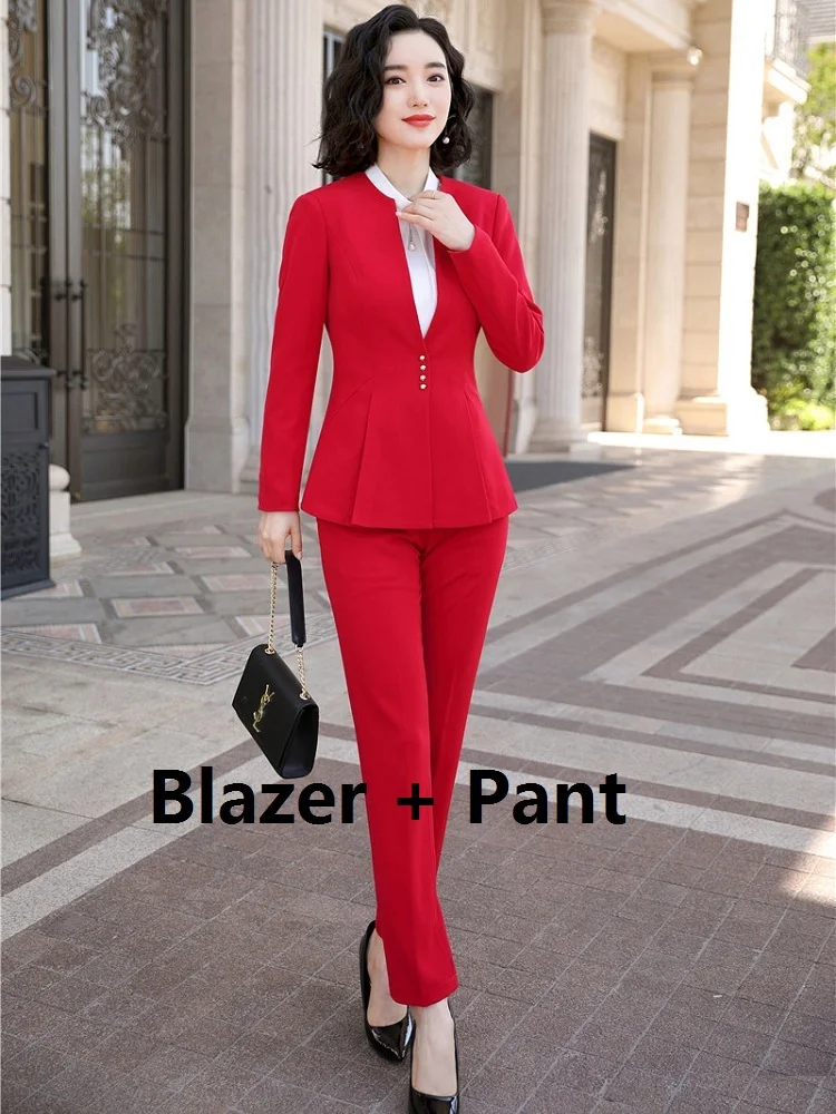 Blazer and Pant Set Формальный Красный Блейзер женские брючные костюмы женские деловые деловой костюм комплекты одежды брючные костюмы OL стили - Цвет: Blazer and Pant Set