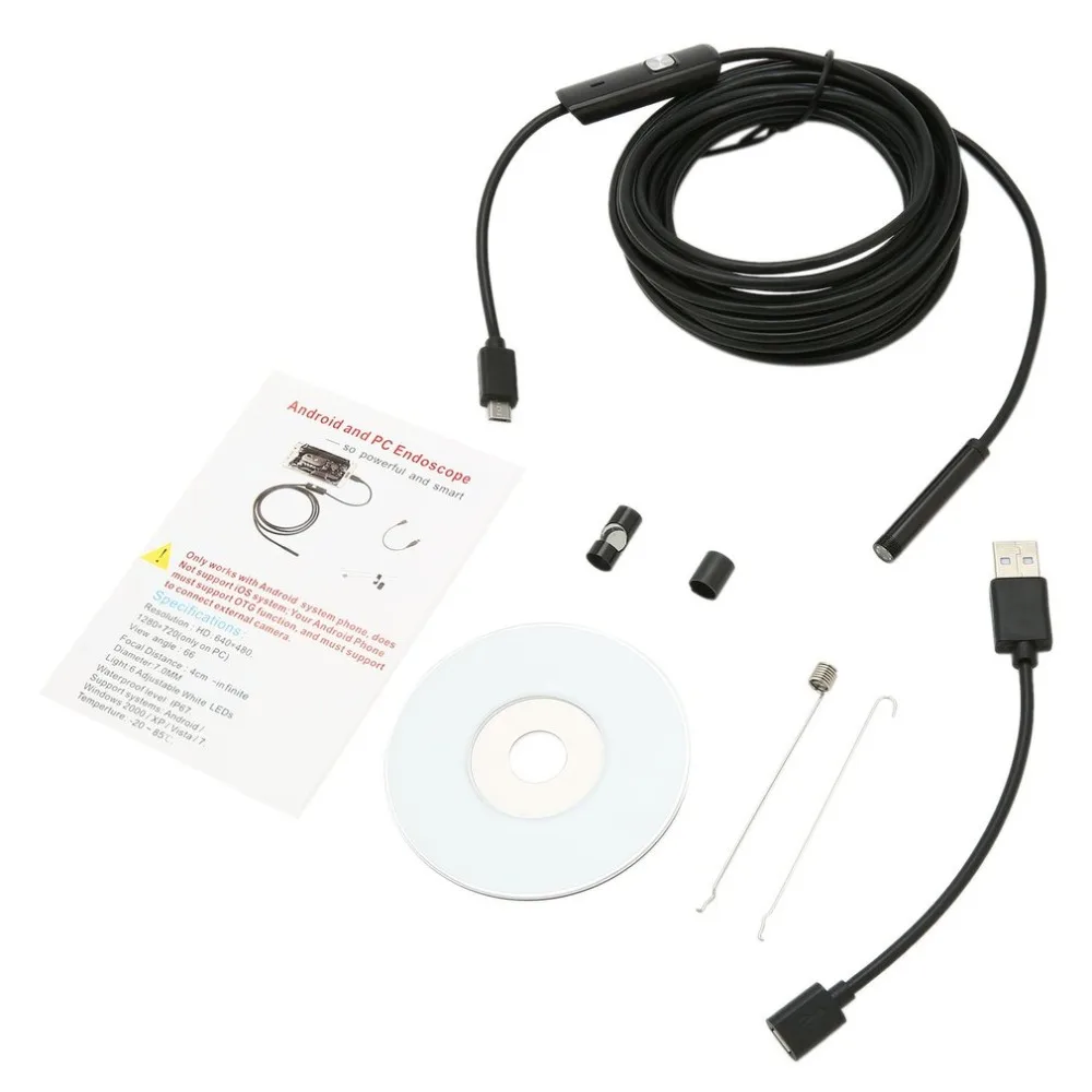 

7mm Waterproof 1M/1.5M/2M/3.5M/5M Endoscope Lens Cable USB Inspection Borescope Camera For Android 640*480 Phones/1280*720 PC