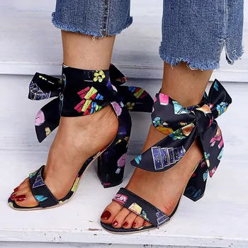 

Women Summer Sandals Bow Tie Bohemia Mixed Color High Heel Pumps Ankle Silk Lace Up Ladies Open Toe Female Plus Size Shoes New
