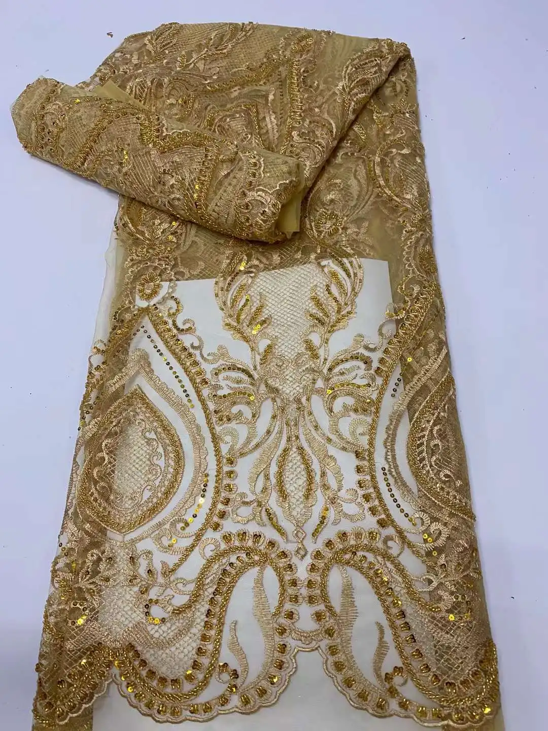 

Popular Beaded fabric African sequins fabric/ embroidered sequin French tulle mesh lace for Party dresses/wedding dress