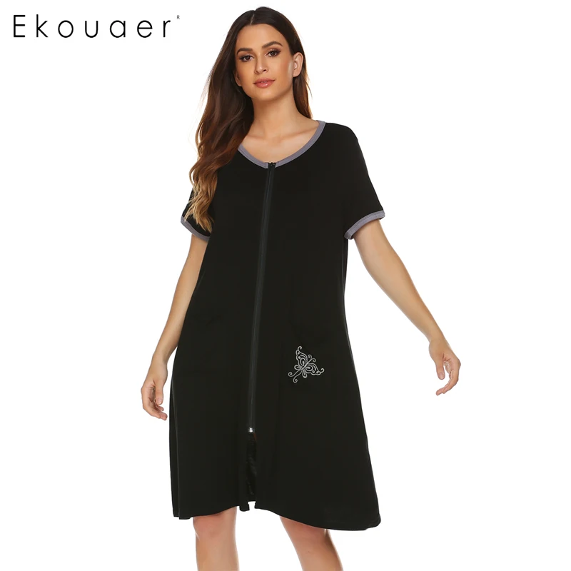 Ekouaer, Женская сорочка, хлопковая ночная рубашка с круглым вырезом, с коротким рукавом, на молнии спереди, свободная ночная рубашка, женская ночная рубашка, домашняя одежда - Цвет: black