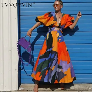 

2020 V-neck Lantern Sleeves Contrast Colors High Waist A-line Hollow Out Vacation Summer Dress Female Vestido Dresses QA08