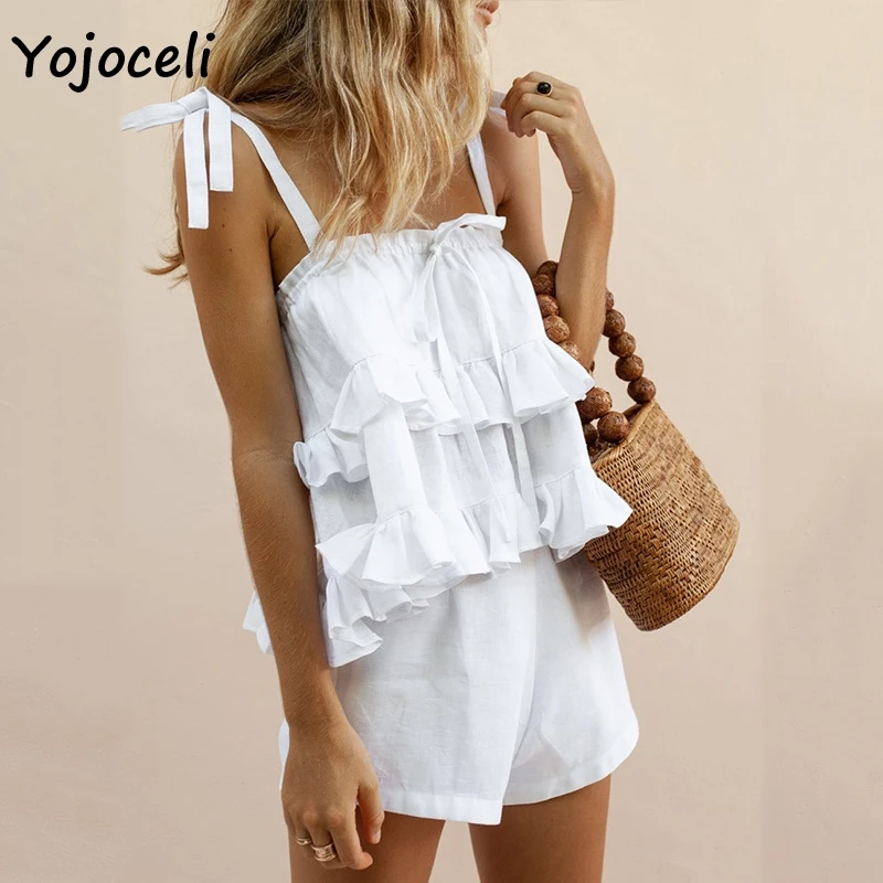 Yojoceli cute bow ruffle jumpsuit romper women two pieces set boho beach playsuit