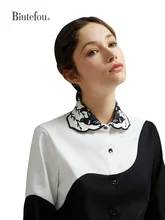 

【Biutefou】Original Design 2022 Spring Women Embroidery Color Block Long Sleeve Slim Shirt