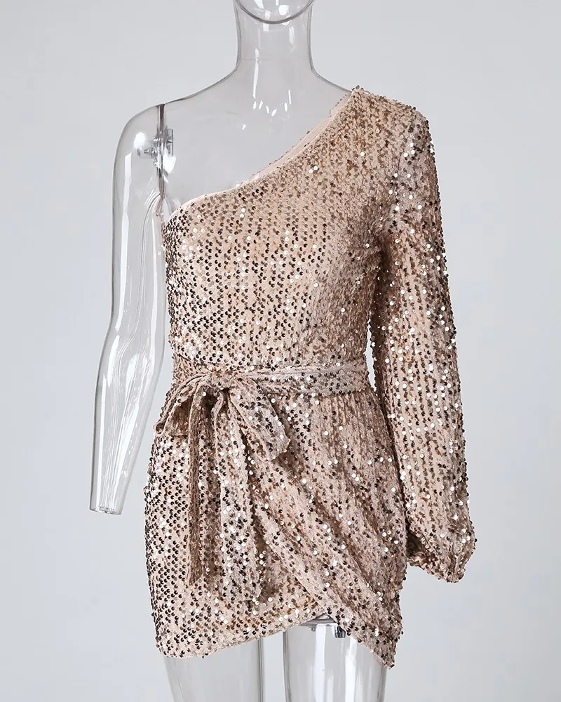 Облегающее мини-платье с блестками на одно плечо, женские сексуальные вечерние короткие платья для ночного клуба, Vestidos De Fiesta