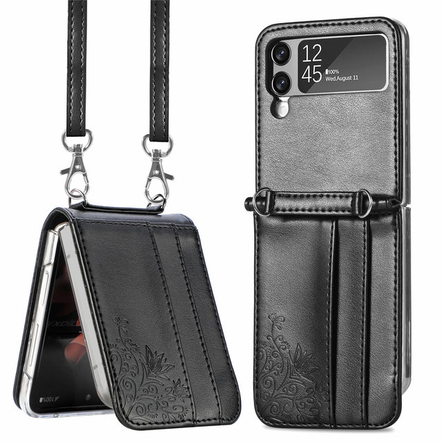With Lanyard With Card Slot Case  PU Leather Case  For Samsung Galaxy Z Flip 3 Case For F7110 Case