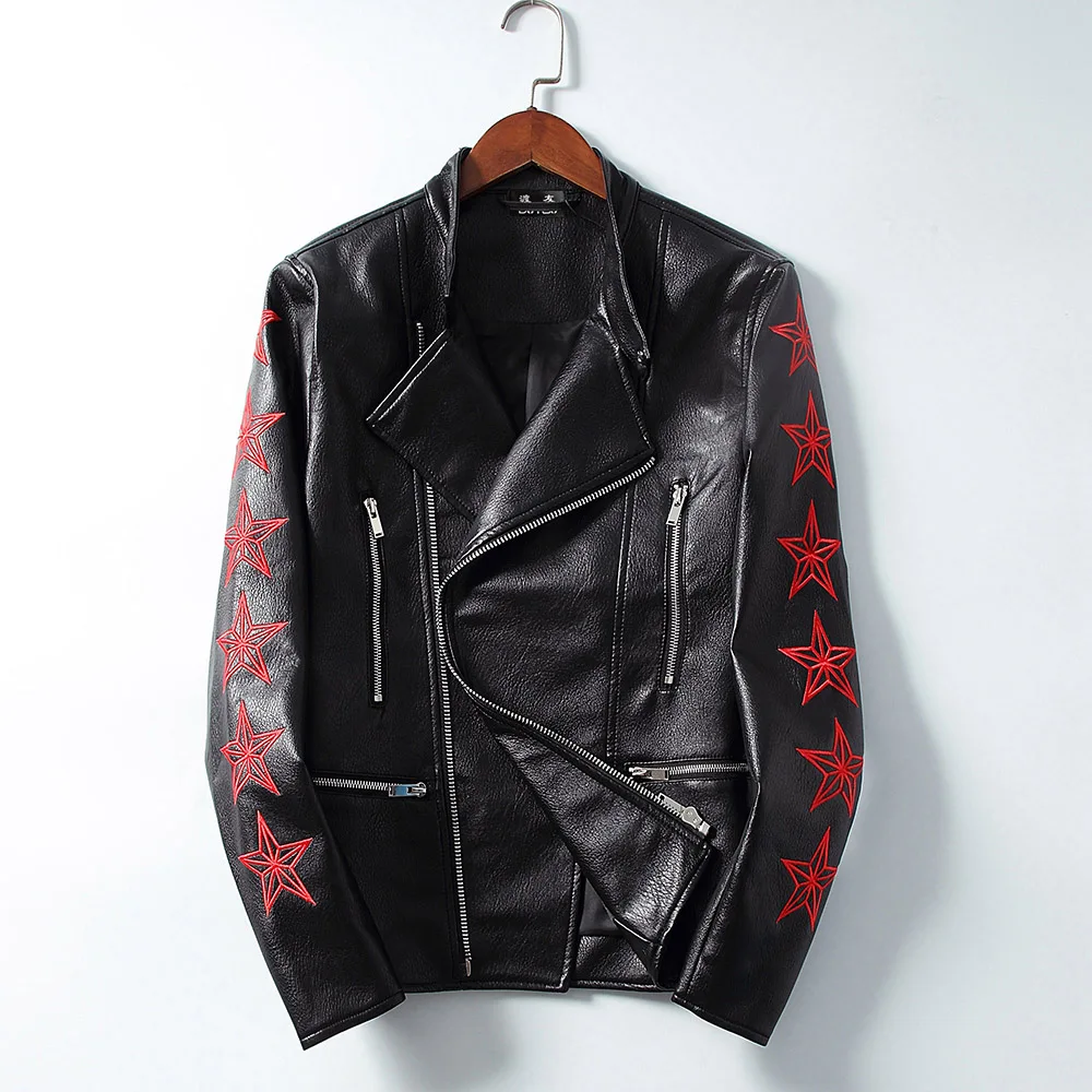 DUYOU Moto& Biker стильные мужские Куртки из искусственной кожи с отложным воротником, мужские облегающие уличные куртки с вышивкой в виде орла